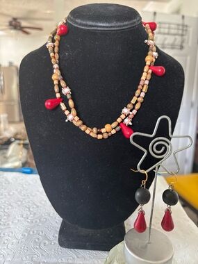 Handcrafted Red and Tan Beaded Necklace and Earring Set